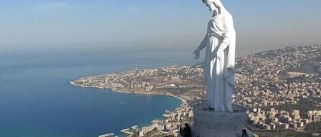 A statue overlooking a coastal cityscape.