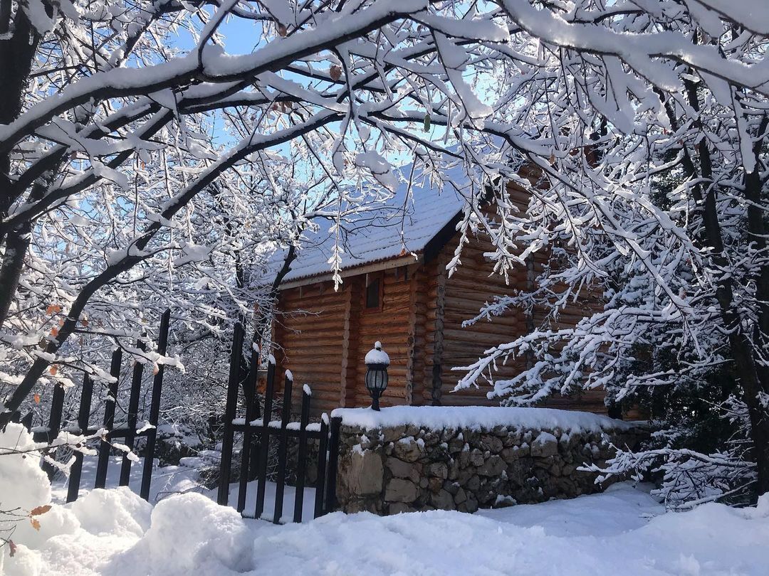 A log cabin with a stone wall and a metal gate, surrounded by snow-covered trees.
