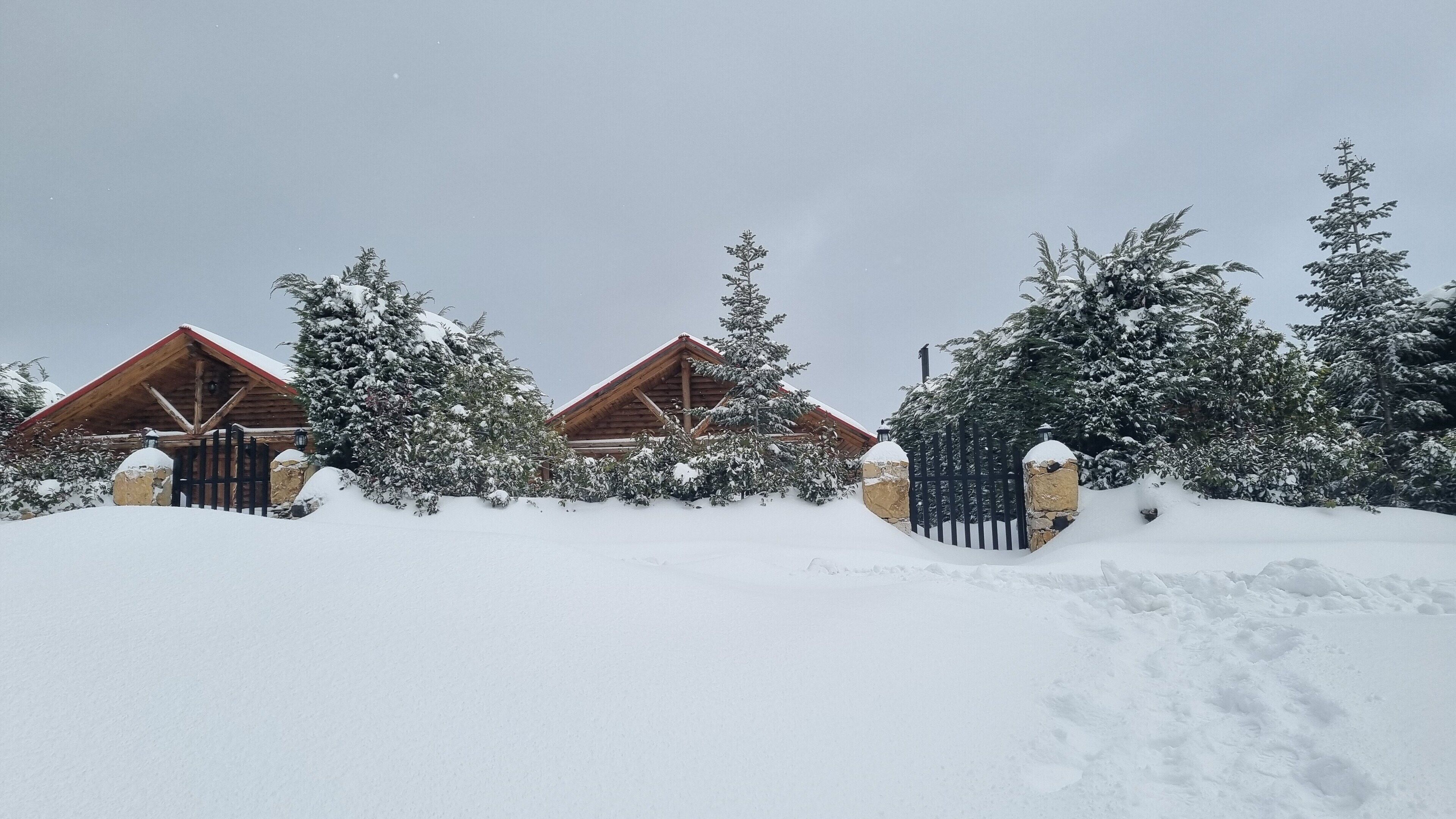 A snow-covered lodge with wooden cabins, a snow-covered fence, and trees.