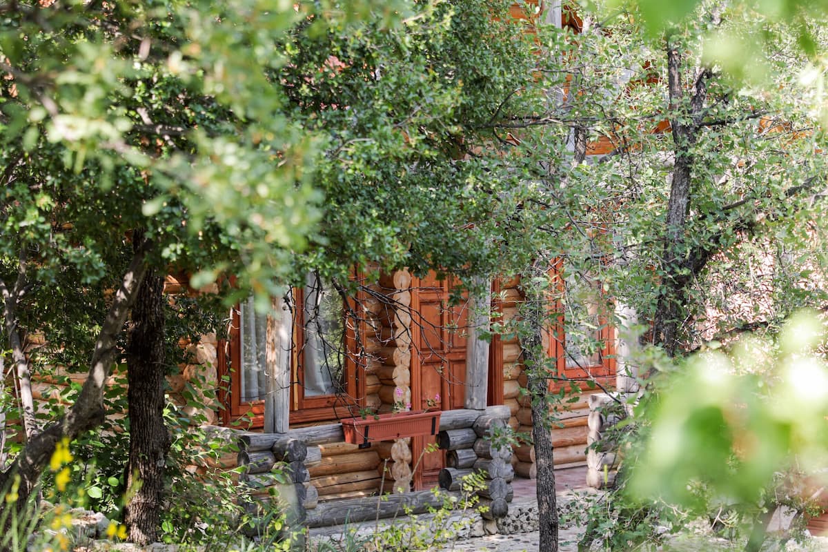 A rustic log cabin surrounded by dense foliage and a stone wall.