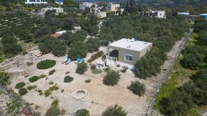 A modern house with a flat roof, surrounded by trees and a mountainous backdrop. - Olive Garden house (Καμηλάρι)