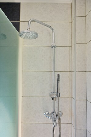 Douche, séchoir à cheveux, serviettes fournies, savon