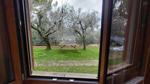 A view through a window of a park with a bench and trees. - CASALE ASCIOLO (Le Case San Romolo)