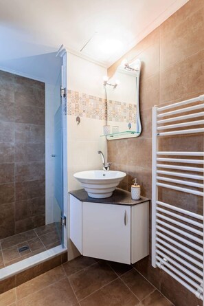 Shower, hair dryer, towels