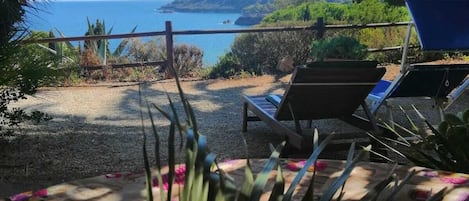 A beachside view with a clear sky, a sandy area, and a few lounge chairs.