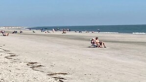 A wide beach with people sunbathing and walking. - Ocean View 1-Bedroom. Steps to the beach. Sleeps 6. (Hilton Head Island)