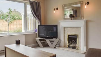 Smart TV, fireplace, books, stereo