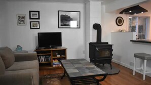 A living room with a sofa, a television, a bookshelf, a fireplace, and a kitchen area with a counter and stools. - Sebec Lake House (Dover-Foxcroft)