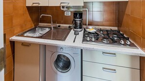 Cocina compacta con estufa a gas, lavabo y lavadora integrada.