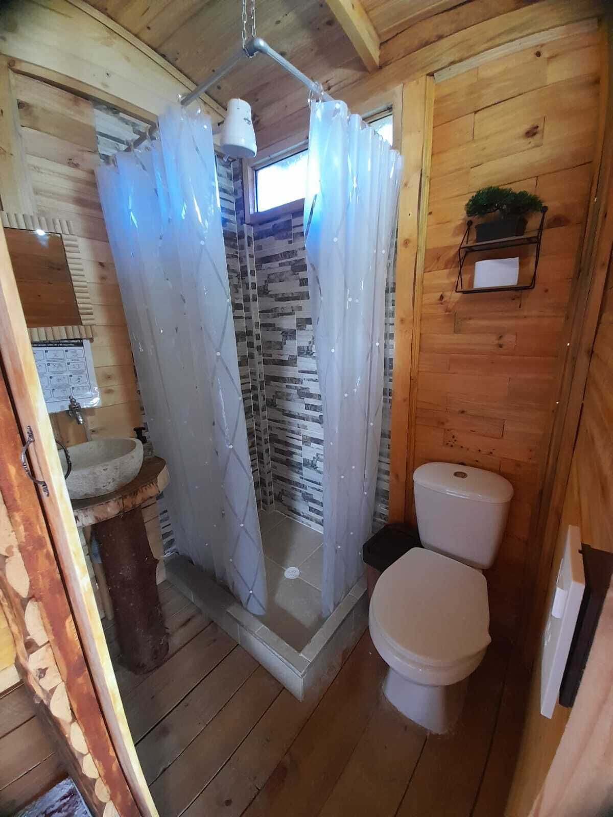 A wooden cabin bathroom with a shower, toilet, and sink.