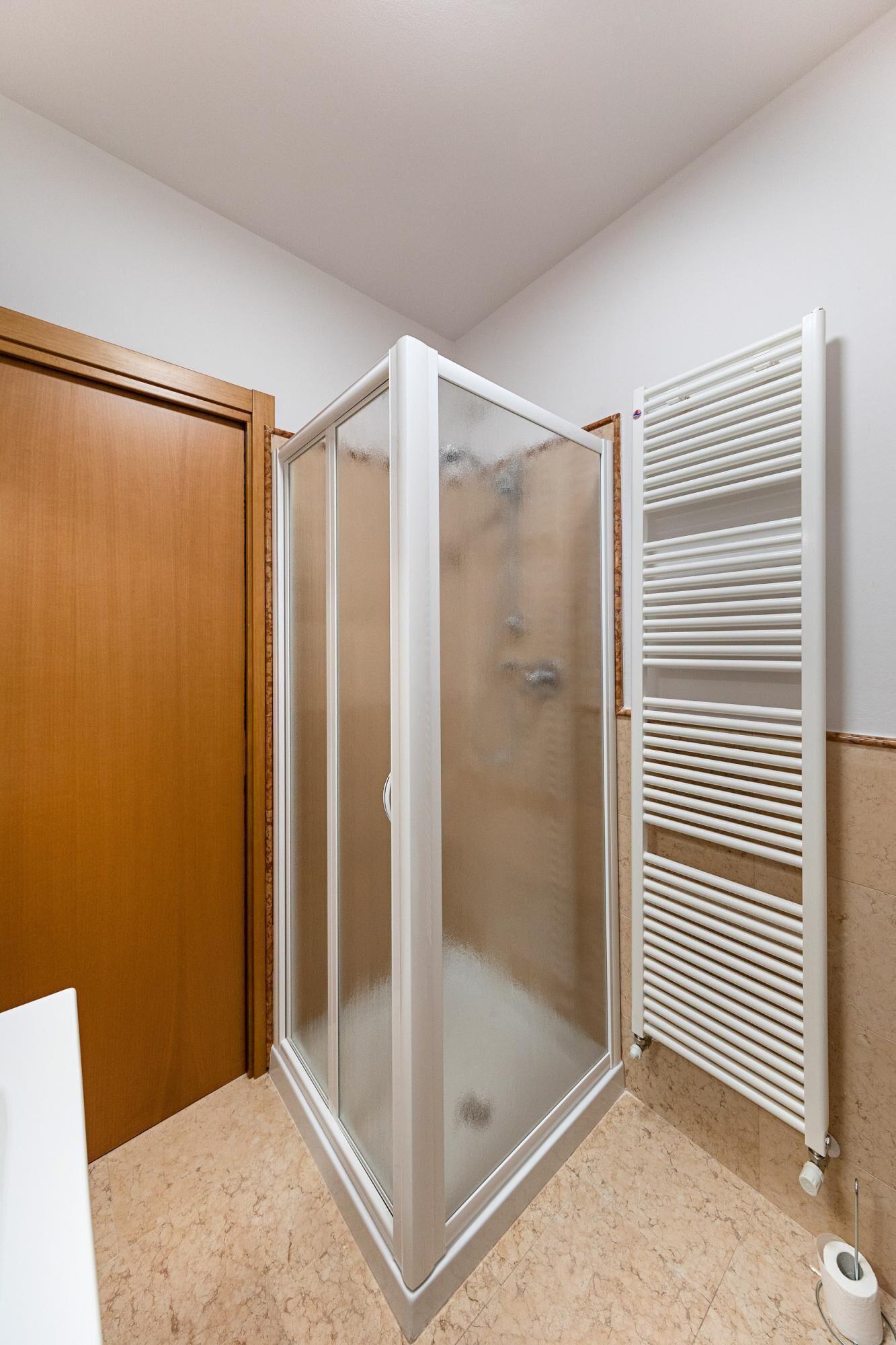 A bathroom with a glass shower enclosure, a wooden door, and a white radiator.