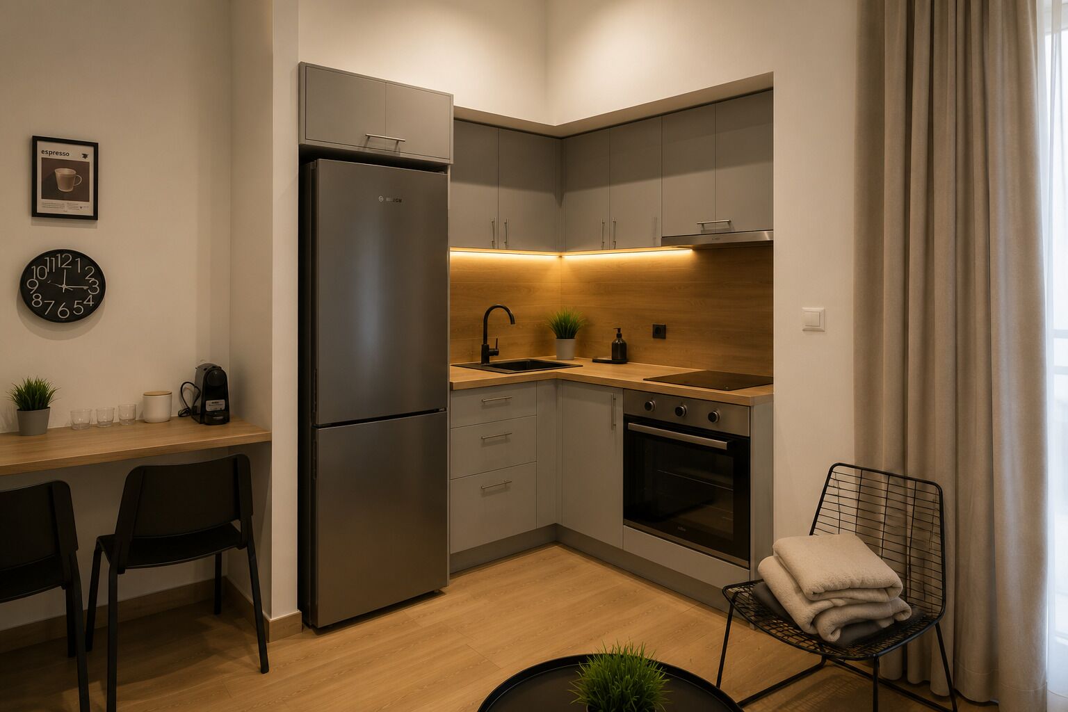 A modern kitchen with a built-in refrigerator, oven, and sink. There is a wooden countertop, a chair, and a small table with a plant.