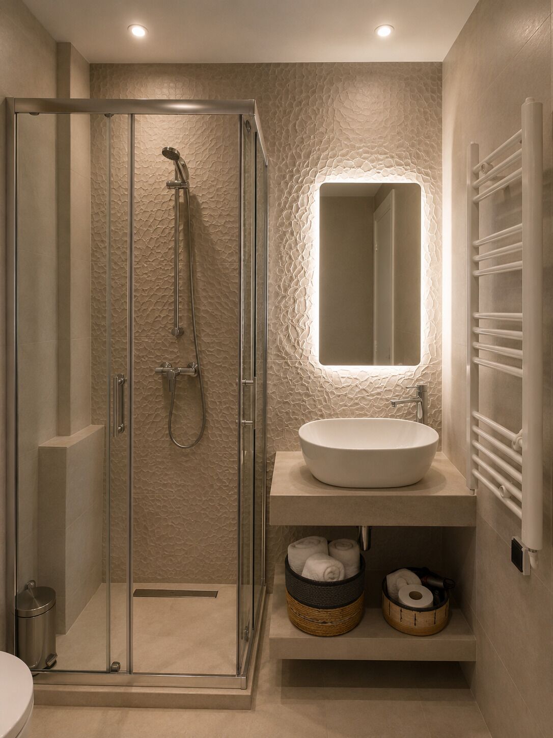 Een moderne badkamer met een glazen douchecabine, een witte wastafel en een structuurwand.