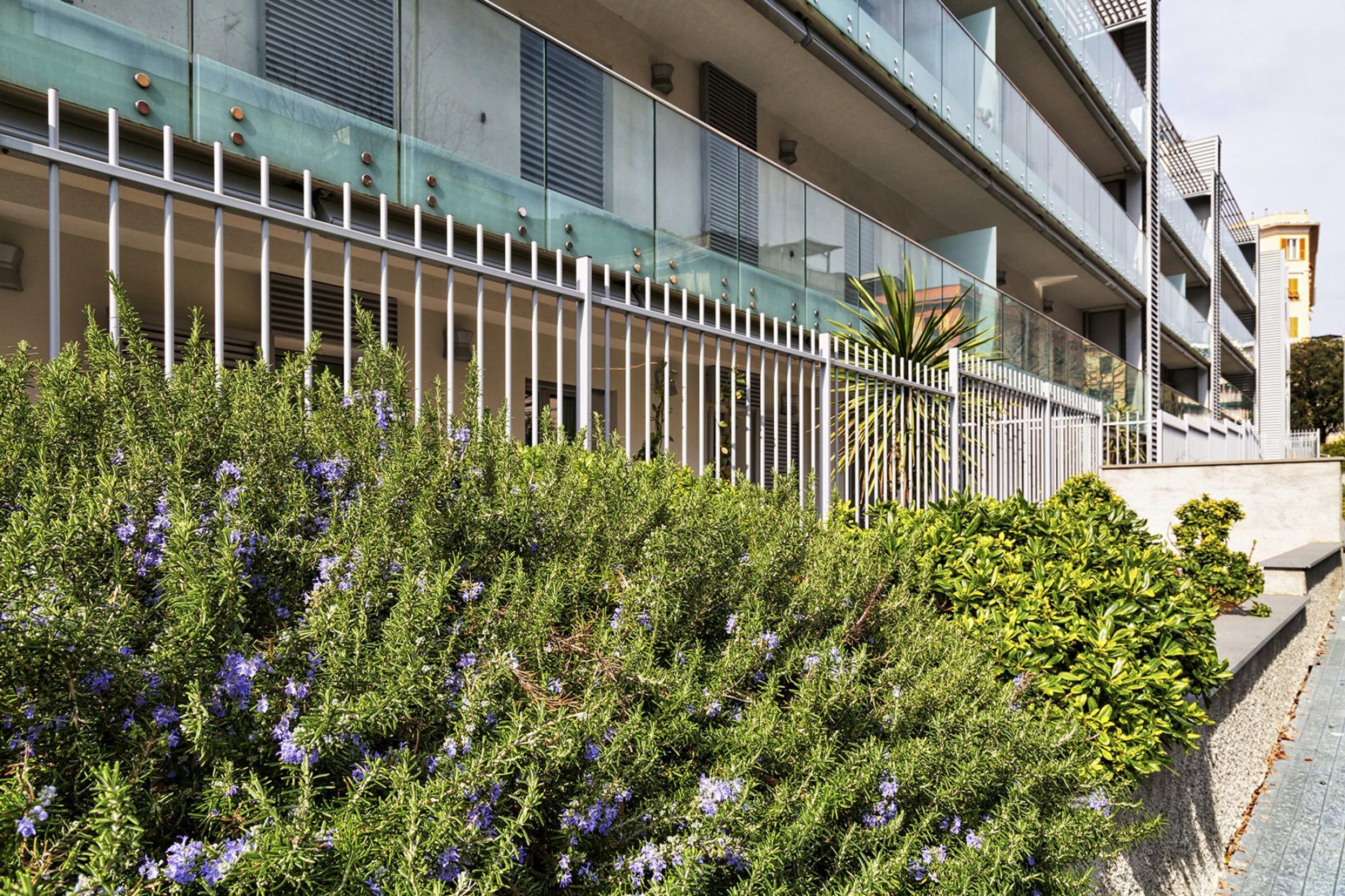 Un edificio moderno con fachada de vidrio, una cerca de metal y una zona ajardinada con arbustos verdes y flores moradas.