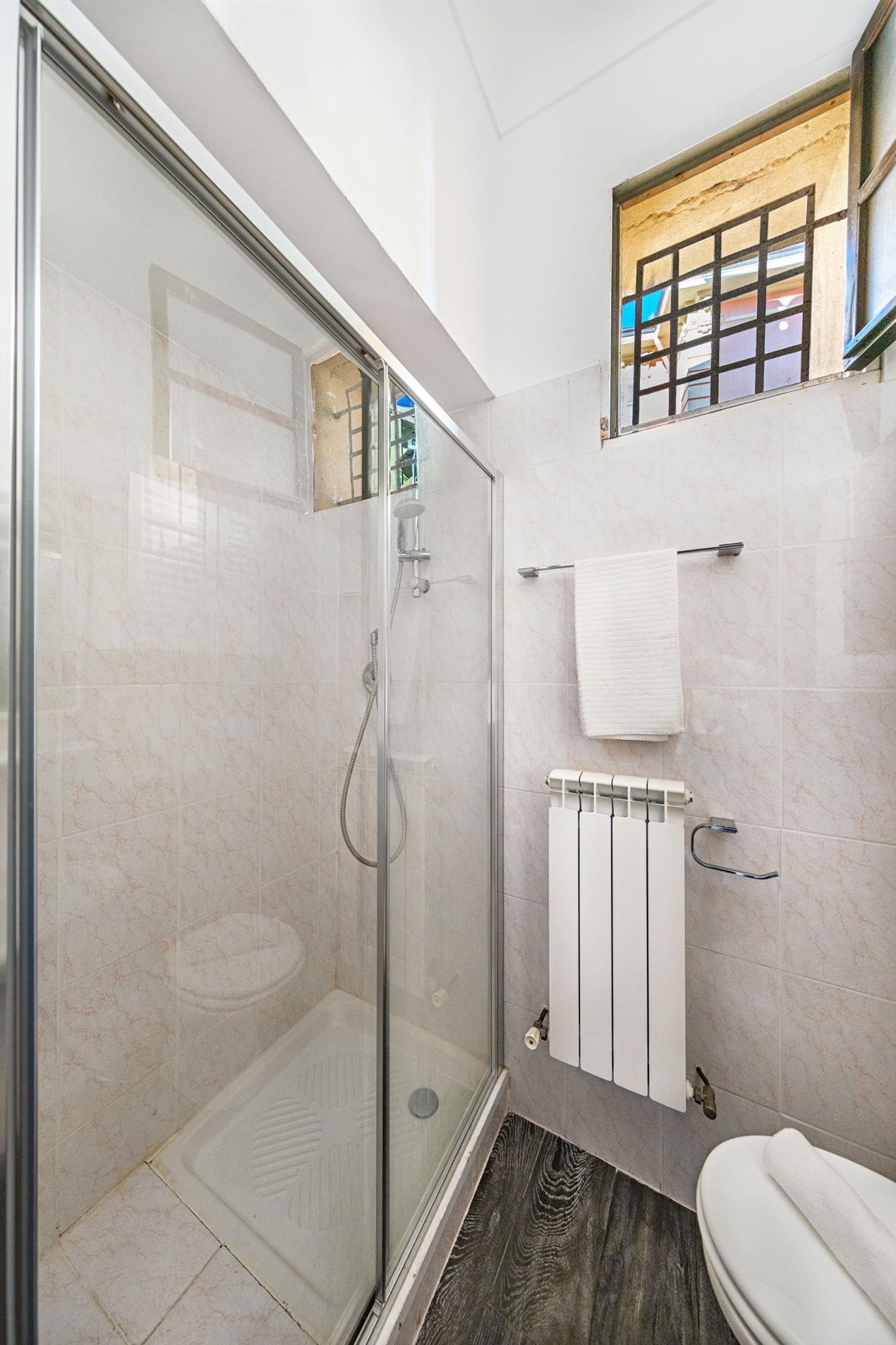 Un baño con cabina de ducha de vidrio, un inodoro blanco y un perchero para toallas.