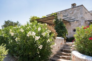 A stone building with a garden, steps leading up to the entrance, and a pergola over the stairs.