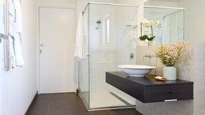 Dusche, Haartrockner, Handtücher, Shampoo