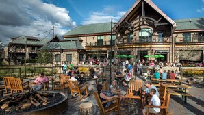 A building with a stone facade, large windows, and a balcony area with outdoor seating. - Sleeps 20! Fire Pit, Hot Tub & Amazing Location! (Asheville)