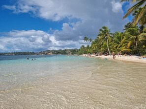 On the beach, sun loungers