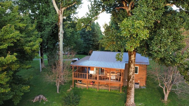 Eine Holzhütte mit Metalldach, einer Holzterrasse und einem großen Baum davor.