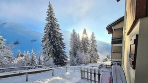 A snowy landscape with snow-covered trees and a building with a balcony. - RDC studio on the slopes, mountain views (Manigod)