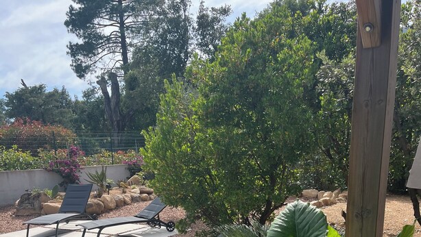 A patio area with sun loungers and a wooden planter with large green leaves. - Contemporary villa for 2 people, private pool, enclosed grounds  (San-Gavino-Di-Carbini)
