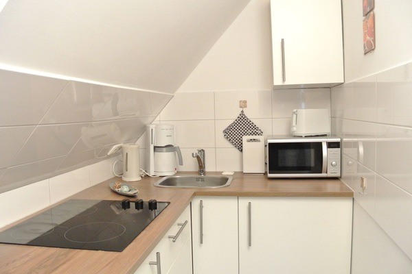 Kühlschrank, Mikrowelle, Herdplatte, Wasserkocher mit Kaffee-/Teezubehör