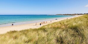 On the beach, sun-loungers
