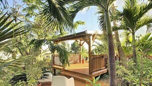 En træterrasse med et pergola, omgivet af tropiske planter og palmer.