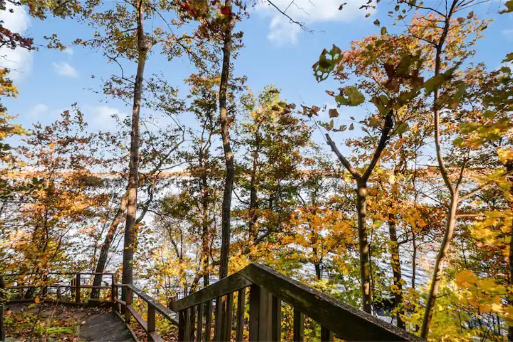 A wooden staircase leading up to a viewing platform surrounded by trees with autumn foliage.