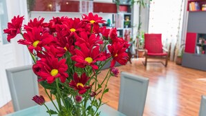 A room with a dining table, chairs, a red chair, and a bookshelf in the background. - S Salvario Family Apartment by Wonderful Italy (Turin)