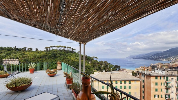 Une terrasse agrémentée de plantes en pot, une table et une vue sur la mer et les bâtiments.