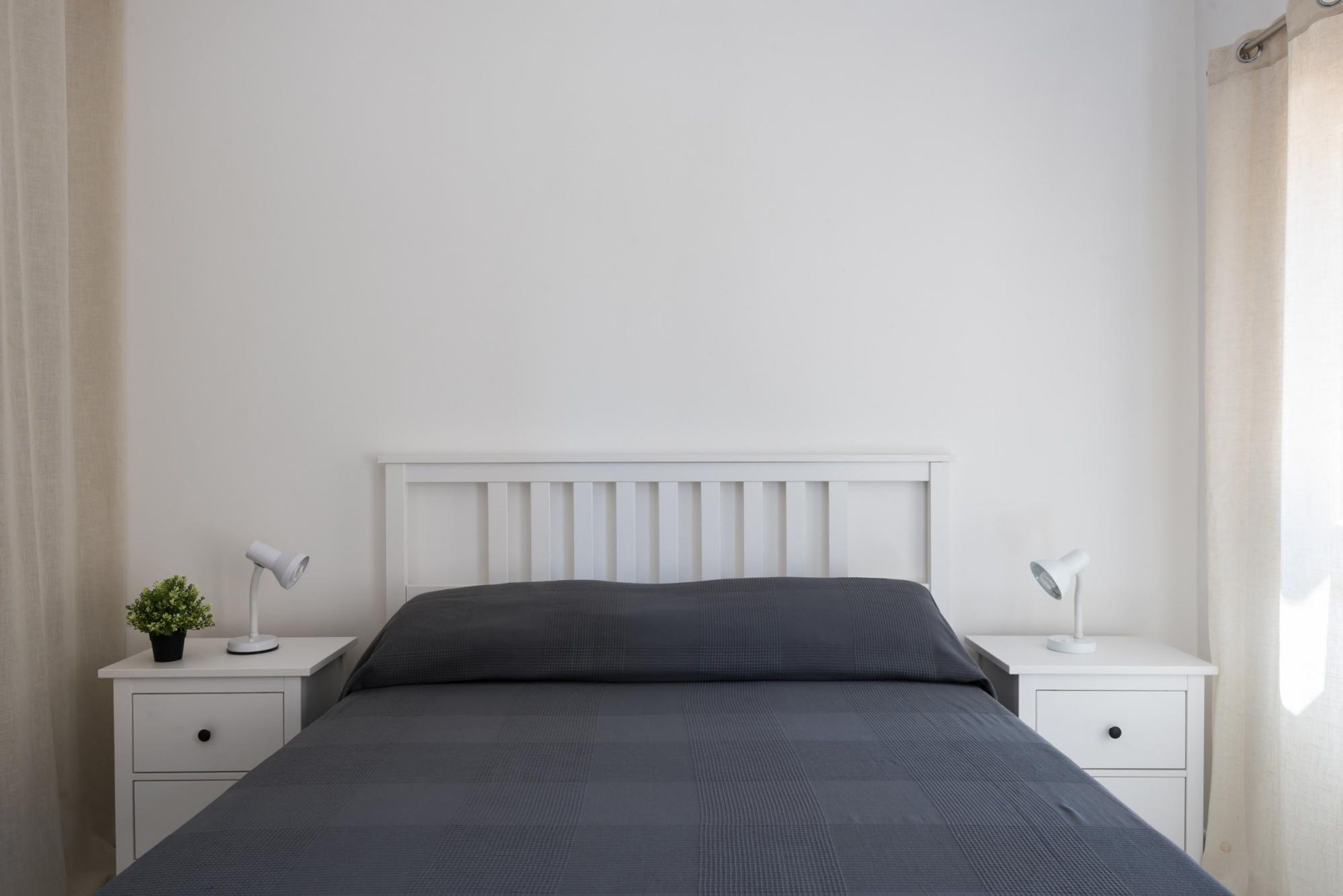 Una cama bien hecha con cabecera blanca, dos mesitas de noche con lámparas y una pequeña planta en maceta a cada lado.