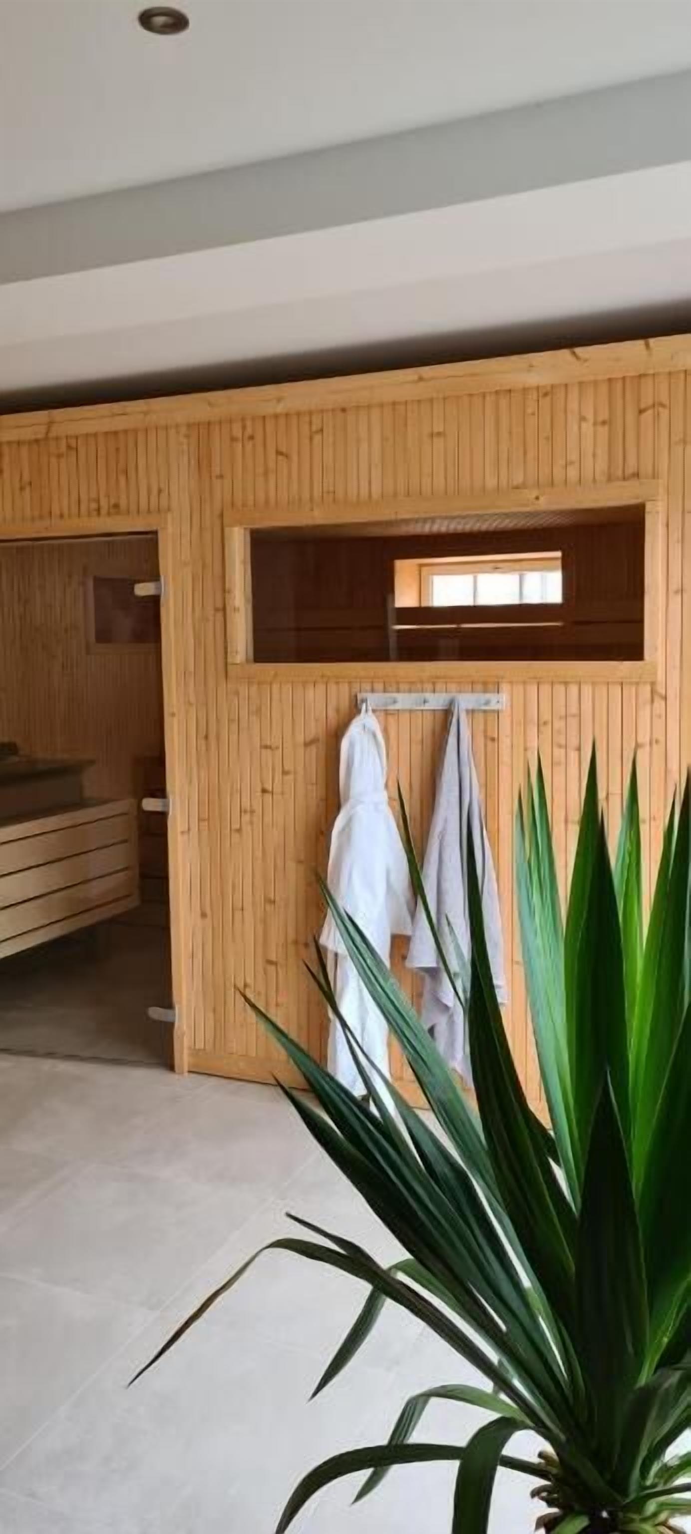 Un intérieur en bois comprenant un espace sauna, un porte-serviettes et une plante en pot.