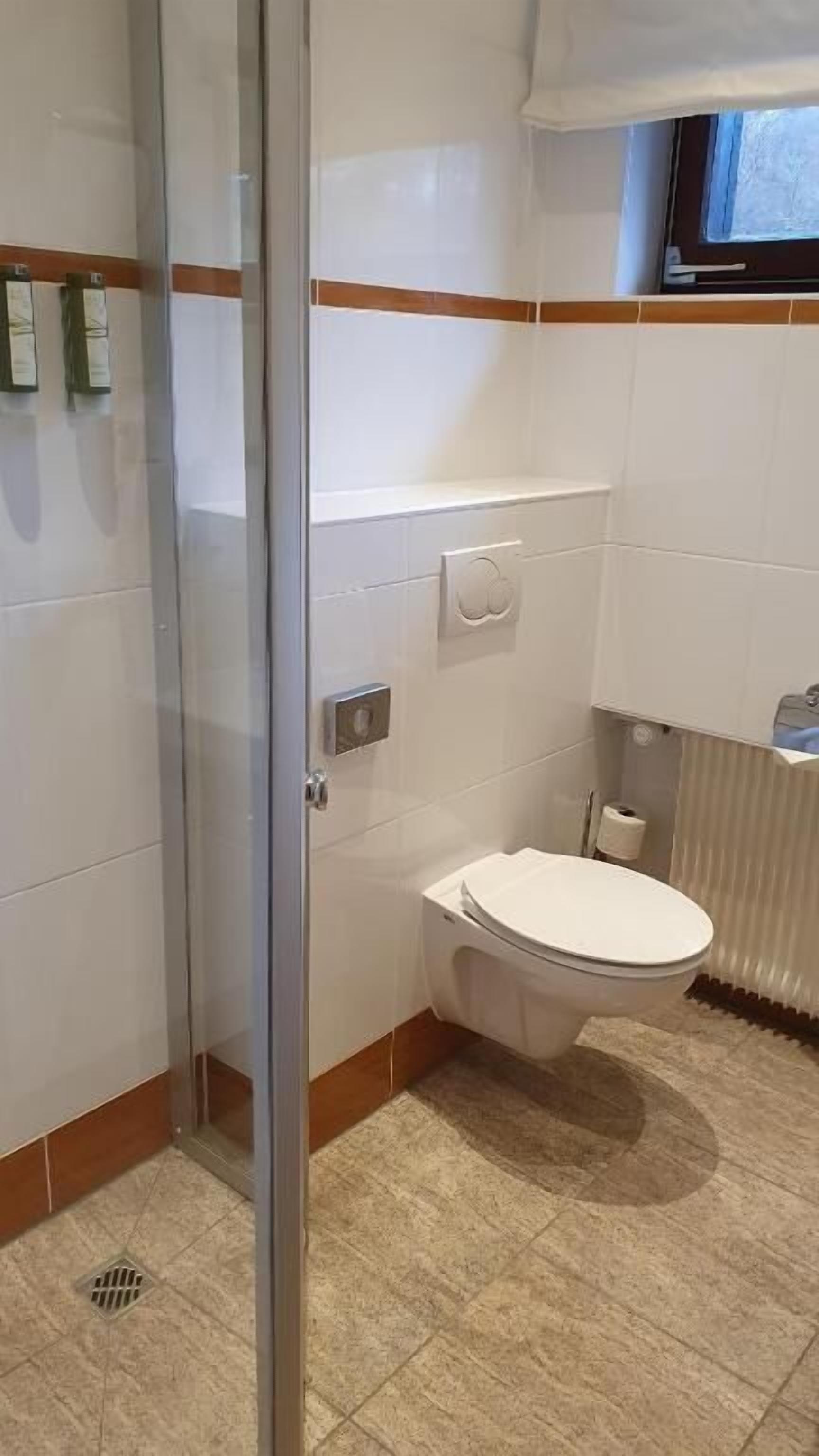Un baño con inodoro, ducha y puerta de cristal.