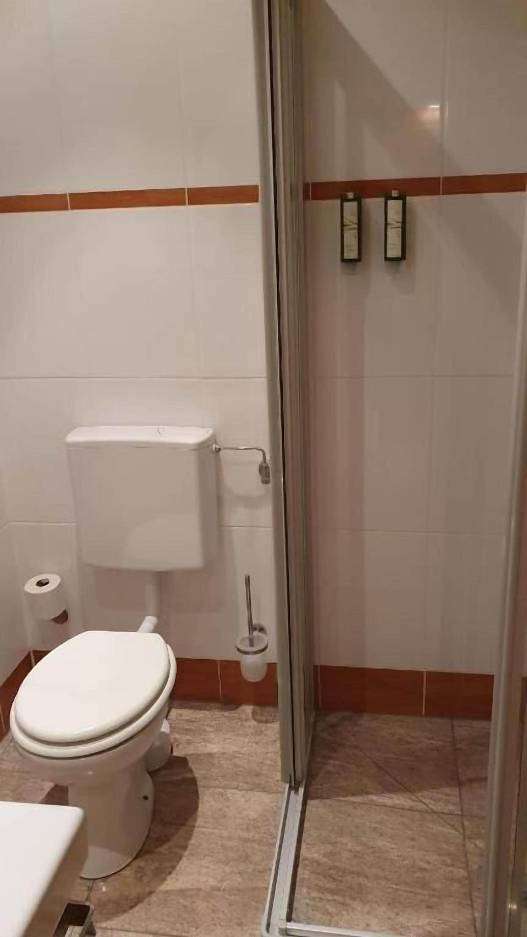 Un baño con inodoro, bidé y cabina de ducha.