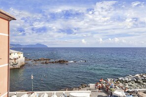 A coastal view with rocky shorelines, a clear sky, and a distant mountain.