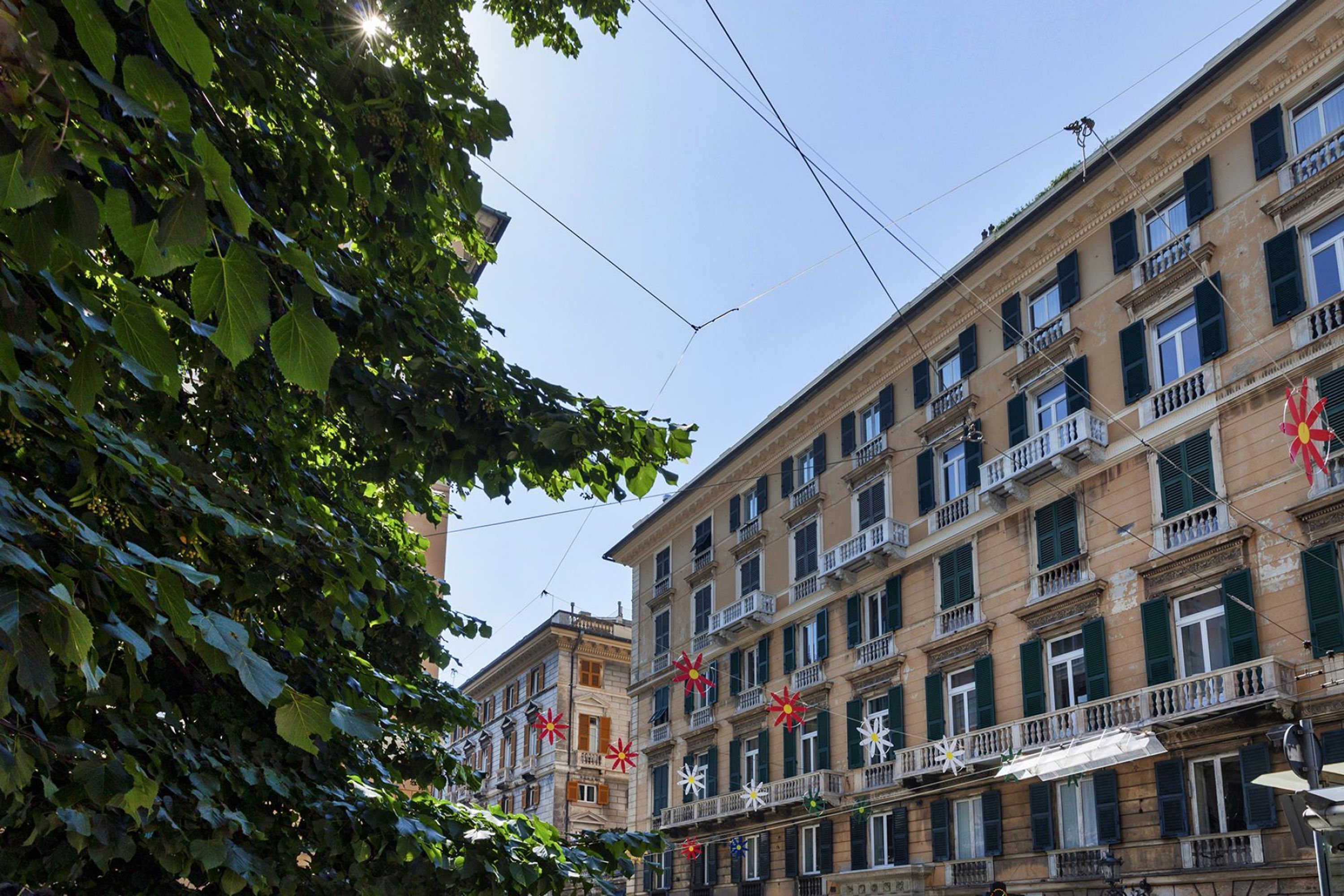 Un edificio de varios pisos con balcones y ventanas, rodeado de vegetación.