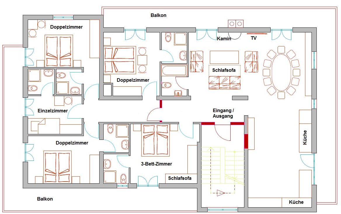 A hotel floor plan with multiple double rooms, a single room, a balcony, a kitchen, a dining area, a TV, a TV room, and an entrance/exit.