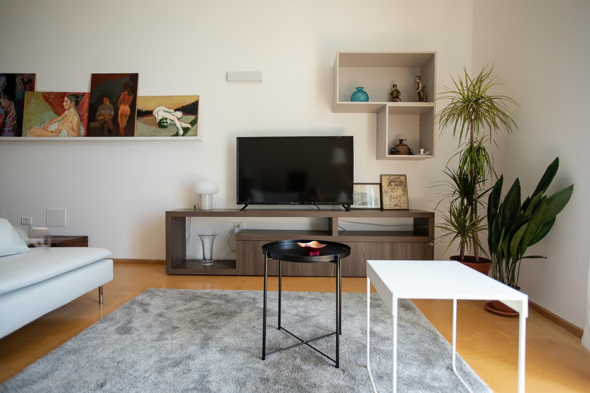 Ein modernes Wohnzimmer mit Flachbildfernseher, einem weißen Sofa, einem Couchtisch und einem Topf mit Pflanze.