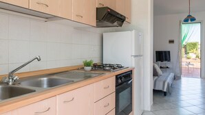 A modern kitchen with a sink, stove, and dishwasher. There is a small plant on the counter and a TV in the adjacent room. - White Sea - Villetta Ariel (Carovigno)