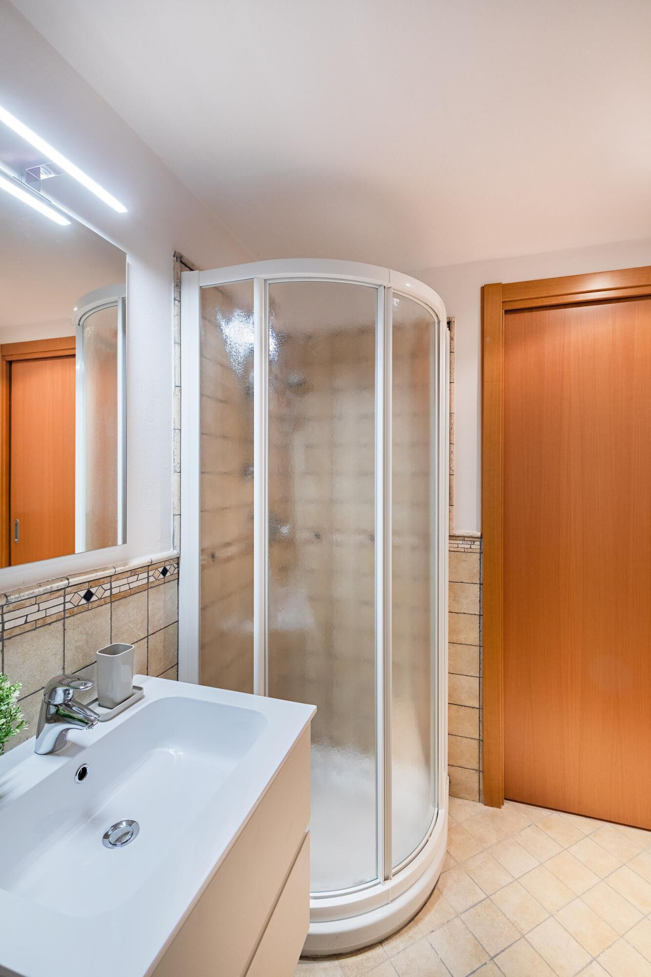 Une salle de bain avec une douche, un lavabo et un miroir.