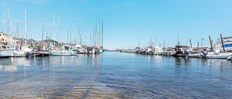 A marina with various boats docked, clear water, and a calm atmosphere.