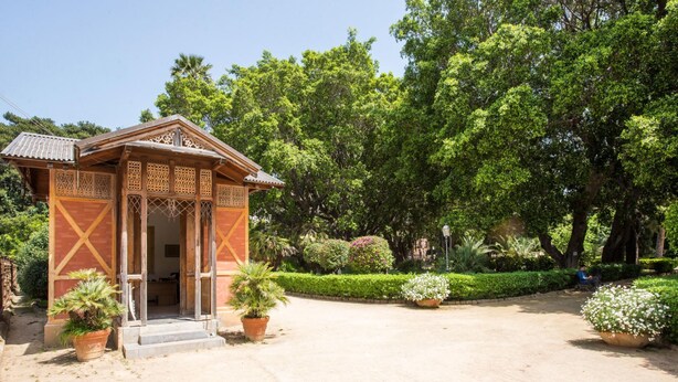 Une structure traditionnelle en bois, ornée de sculptures complexes, entourée d’une végétation luxuriante et de plantes en pot.