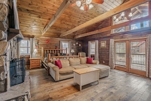 Cabin, Multiple Beds, Hot Tub, Mountain View | Living area | 40-inch flat-screen TV with cable channels, TV, fireplace