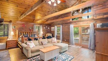 Cabin, Multiple Beds, Hot Tub, Mountain View | Living area | 40-inch flat-screen TV with cable channels, TV, fireplace