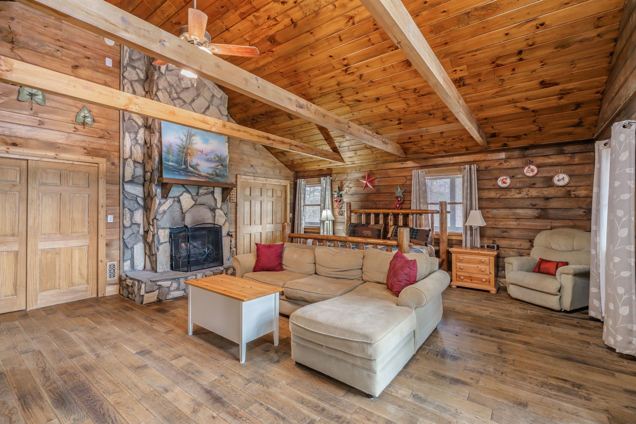 Cabin, Multiple Beds, Hot Tub, Mountain View | Living area | 40-inch flat-screen TV with cable channels, TV, fireplace