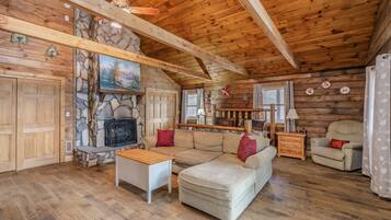 Cabin, Multiple Beds, Hot Tub, Mountain View | Living area | 40-inch flat-screen TV with cable channels, TV, fireplace