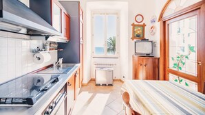 A compact kitchen with modern appliances, a dining area with a striped tablecloth, and a view of the sea through a window.