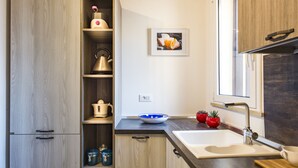 A modern kitchen with wooden cabinets, a sink, and a countertop with a bowl and potted plants.